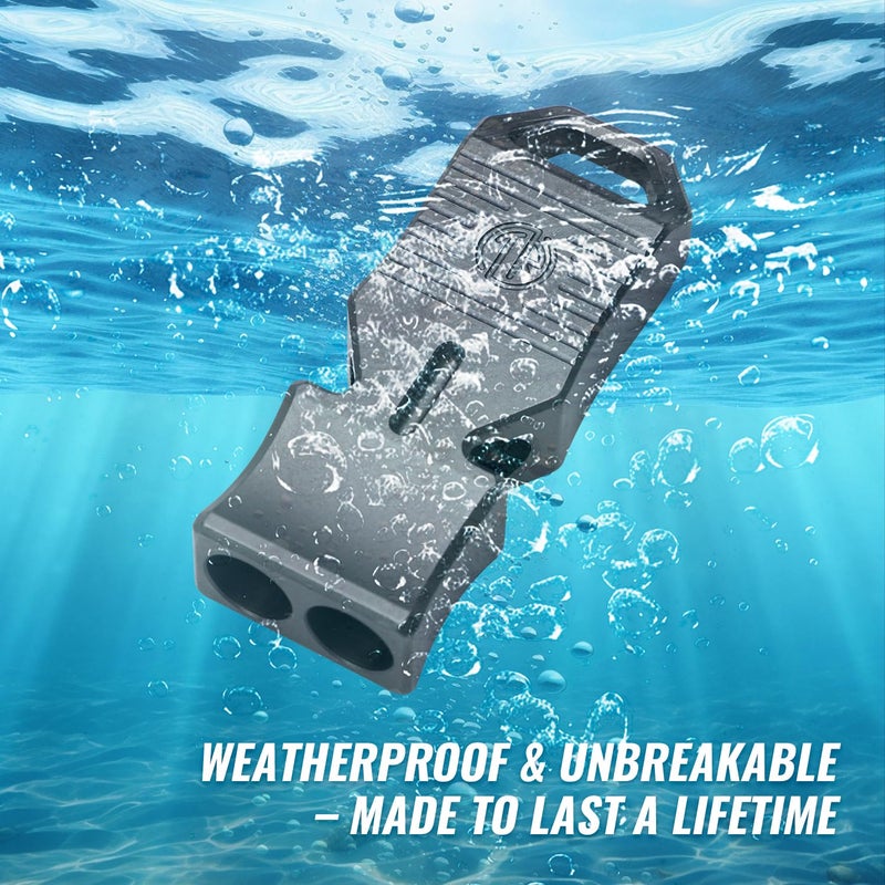 TACRAY صفارة الطوارئ من تاكراي المصنوعة من التيتانيوم - تصميم مربع ذو أنبوبين مزدوجين، صوت عالٍ للغاية 120+ ديسيبل، مقاومة للماء ومتينة، صفارة أمان للاستخدام اليومي للتخييم، المشي، الأنشطة الخارجية والإنقاذ (رمادي) - Image 5